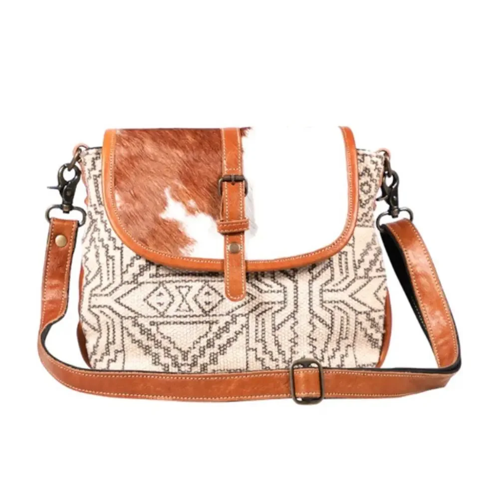 NWT Western Woven and Leather Trim Flap Closure Tan Crossbody Bag